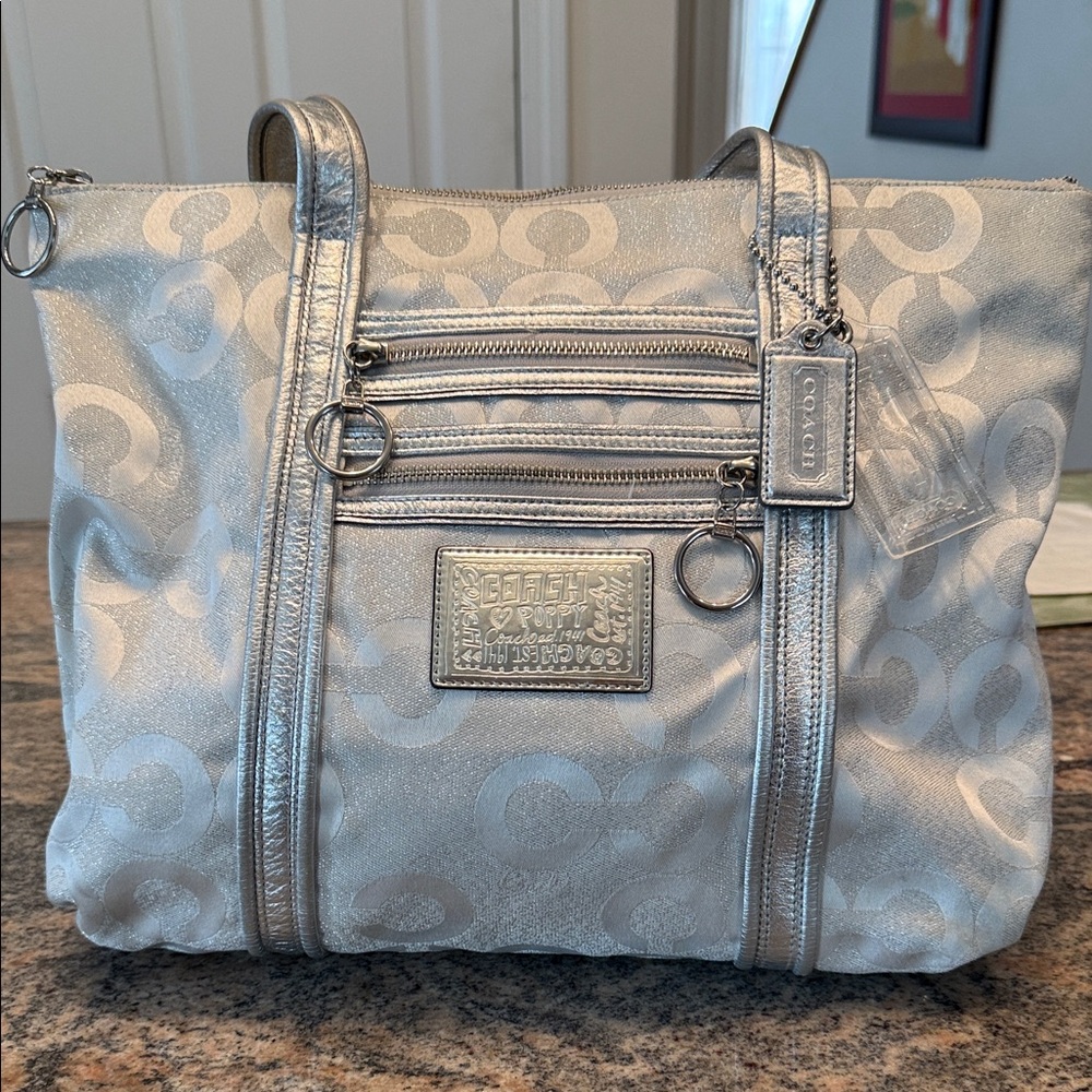 Coach Silver Signature Tote with Metallic Trim